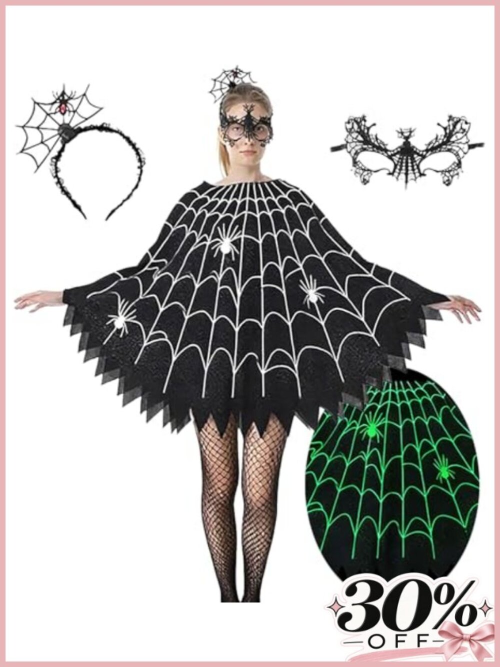 Women's Spider Web Poncho Costume Cosplay Set with Mask & Headband, One Size